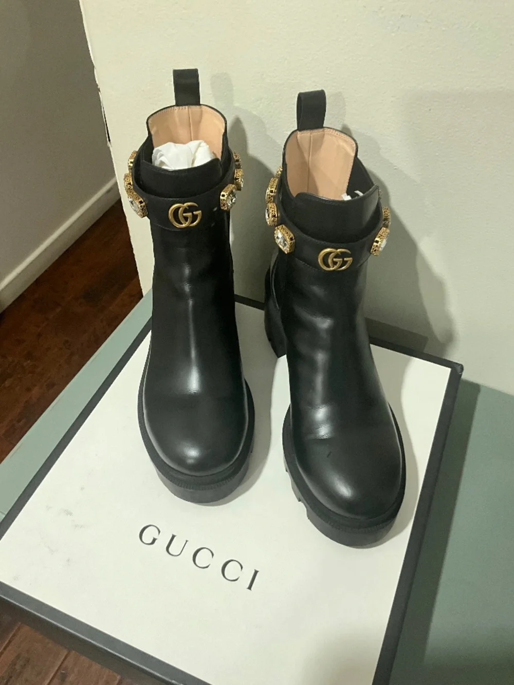 Authentic Gucci women’s boot with square jewel